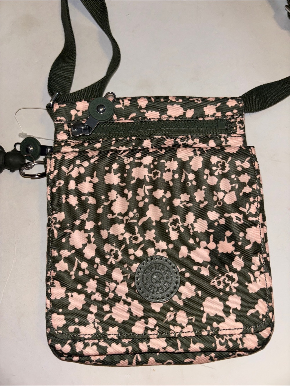 KIPLING NEW ELDORADO  PINK AND GREEN FLORAL PATTERN CROSSBODY ADJUSTABLE STRAP